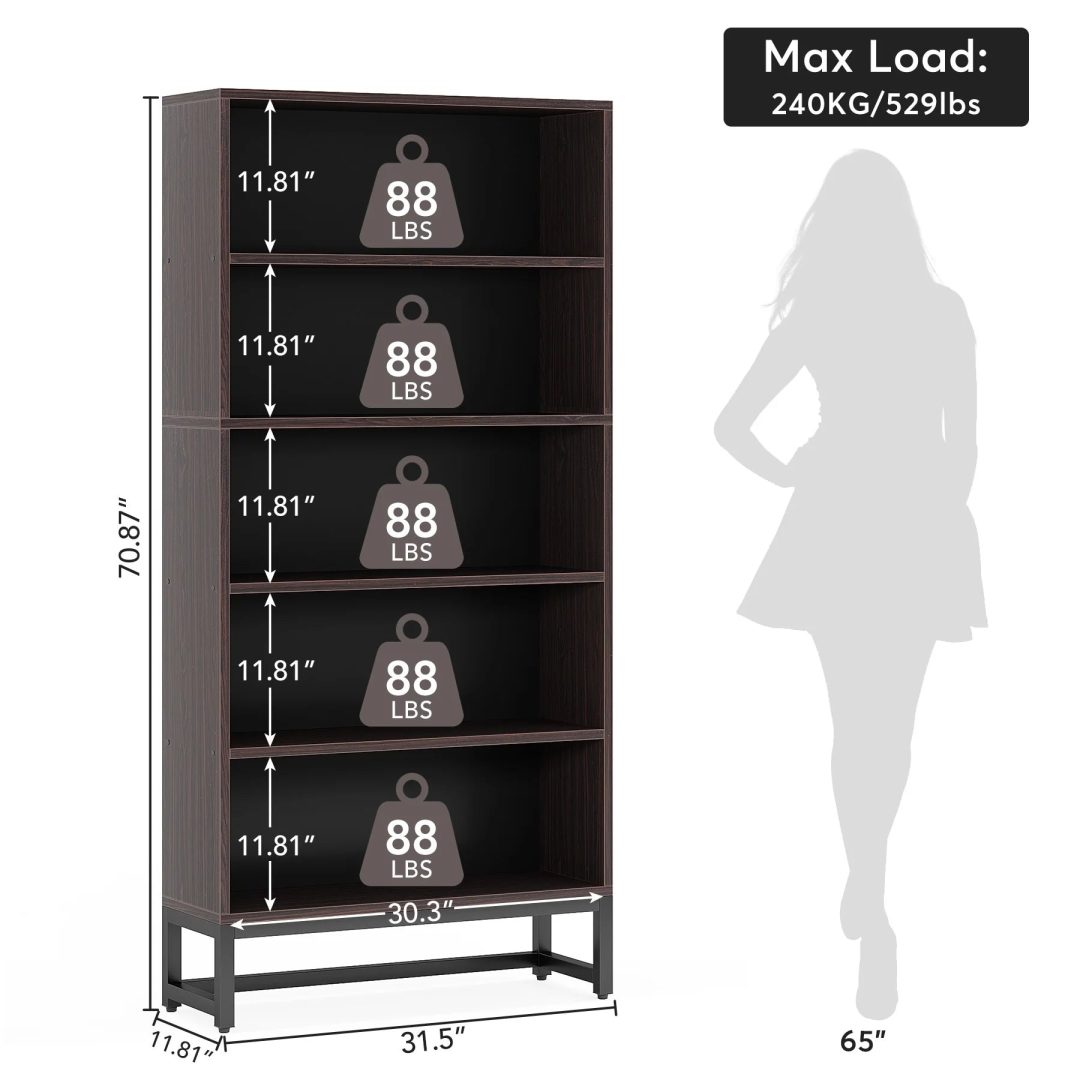 70.87 Inch Tall 5-Tier Bookcase, Large Bookshelf with 31.5 Inch Wide Storage