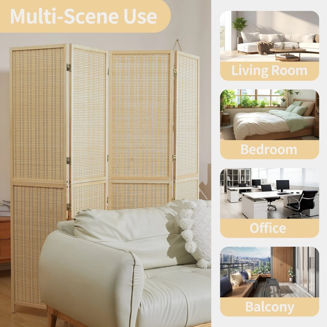 ZenVora 4-Panel Bamboo Folding Partition Screen 6FT Detachable Room Divider