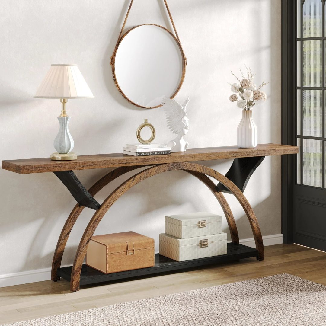 ZenVora Gray 2-Tier Slim Console Sofa Table, Semi-Circular Metal Frame for Hallway