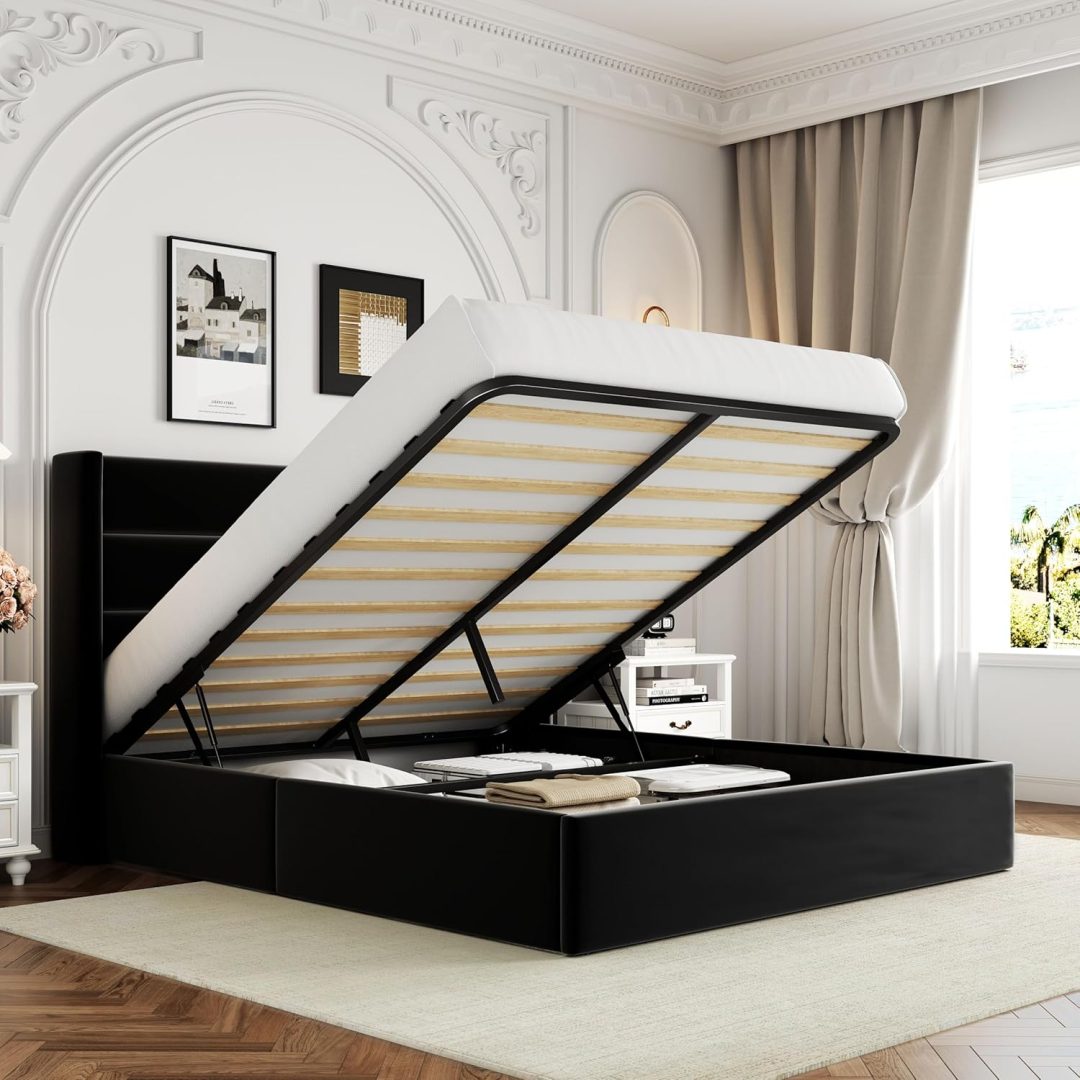 ZenVora Queen Size Lift Up Storage Bed with Wingback Headboard, Upholstered Platform Bed Frame with Hidden Storage