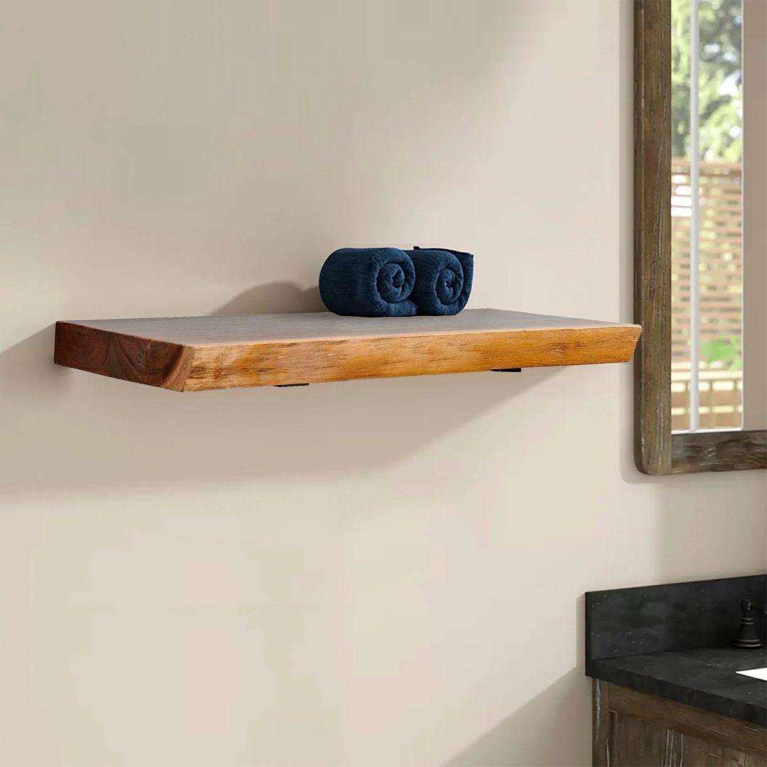 ZenVora 1 Piece Teak Wood Wall Shelf with Live Edge, Rustic Floating Shelf for Home Decor