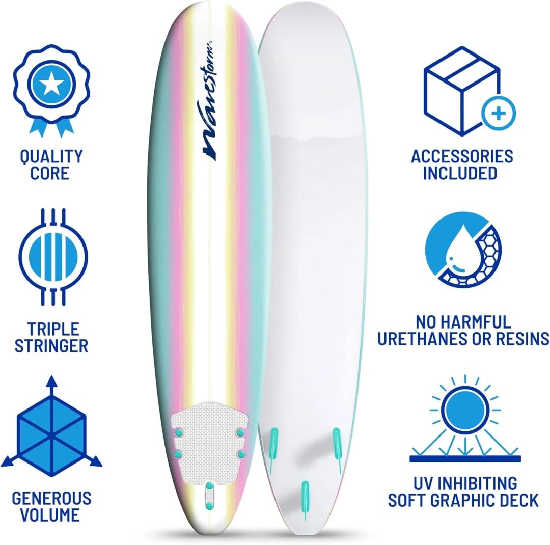 ZenVora 8ft Soft Top Foam Surfboard – EPS Core with 3 Stringers, Wax-Free Longboard, 200lb Capacity