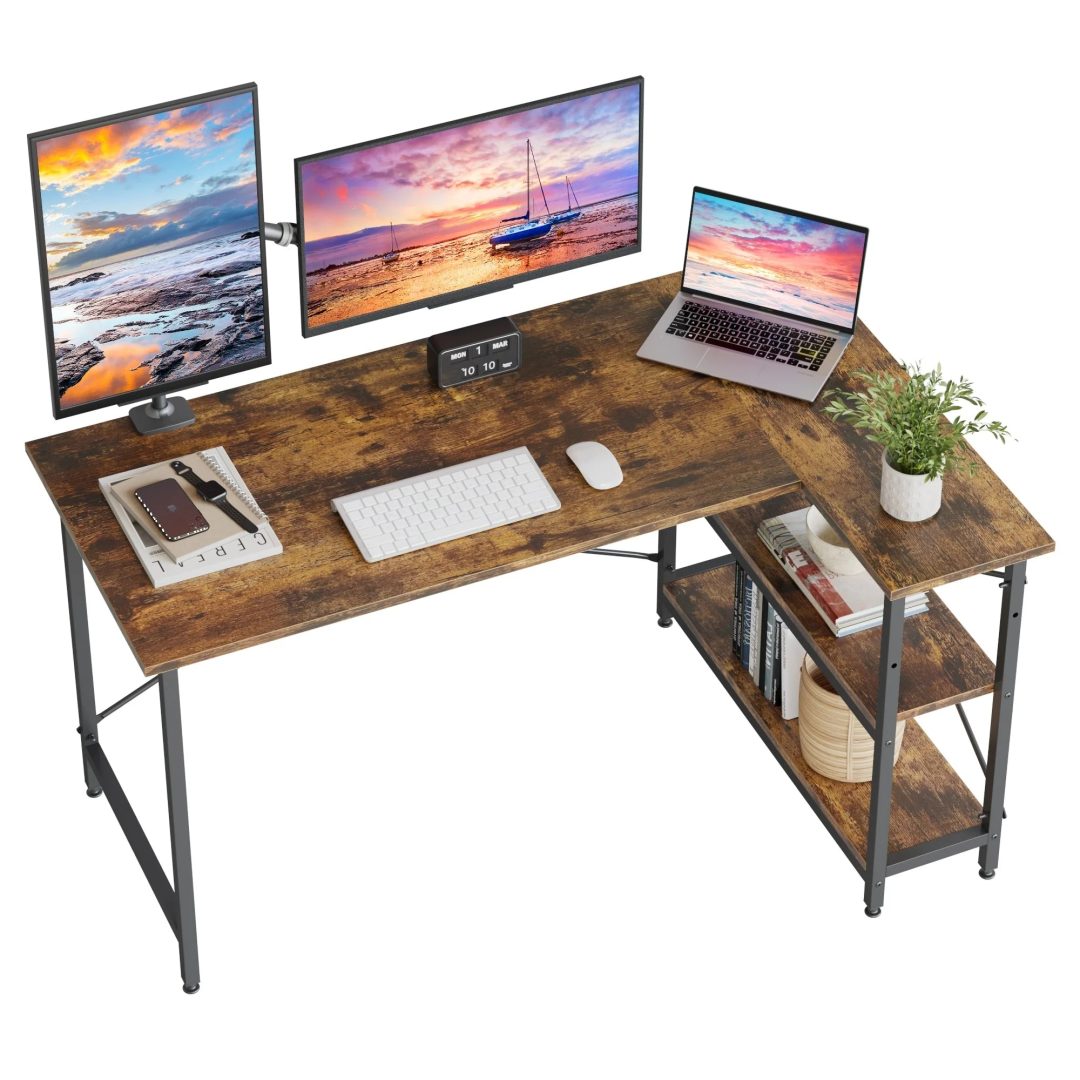 ZenVora Small L Shaped Computer Desk with Storage Shelves, Compact Corner Workstation for Home Office and Study