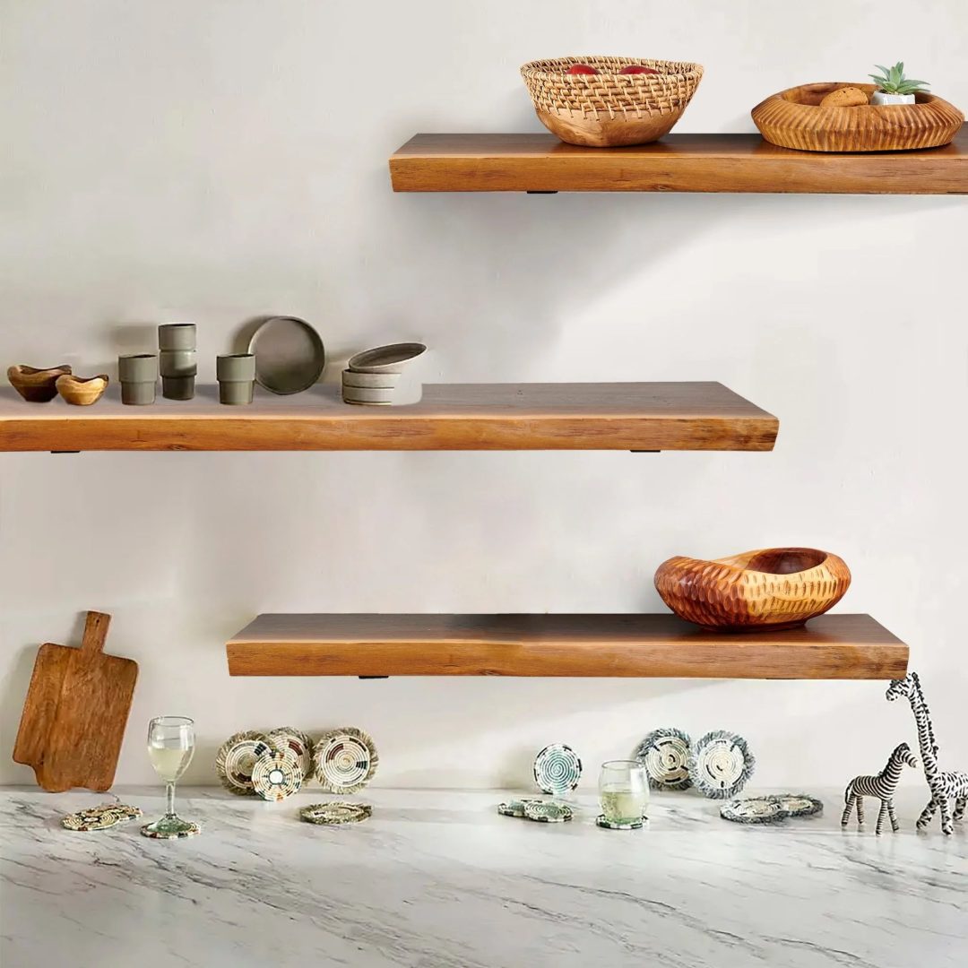 ZenVora 1 Piece Teak Wood Wall Shelf with Live Edge, Rustic Floating Shelf for Home Decor
