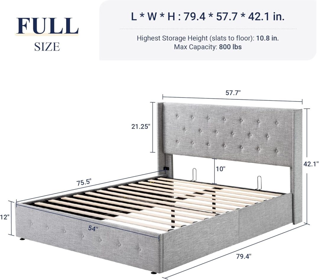 ZenVora Queen Size Lift Up Storage Bed with Wingback Headboard, Upholstered Platform Bed Frame with Hidden Storage