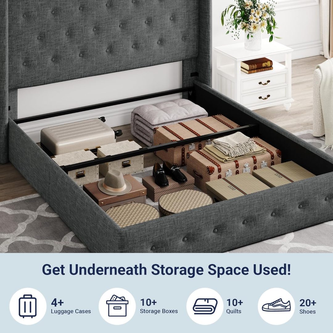 ZenVora Queen Size Lift Up Storage Bed with Wingback Headboard, Upholstered Platform Bed Frame with Hidden Storage