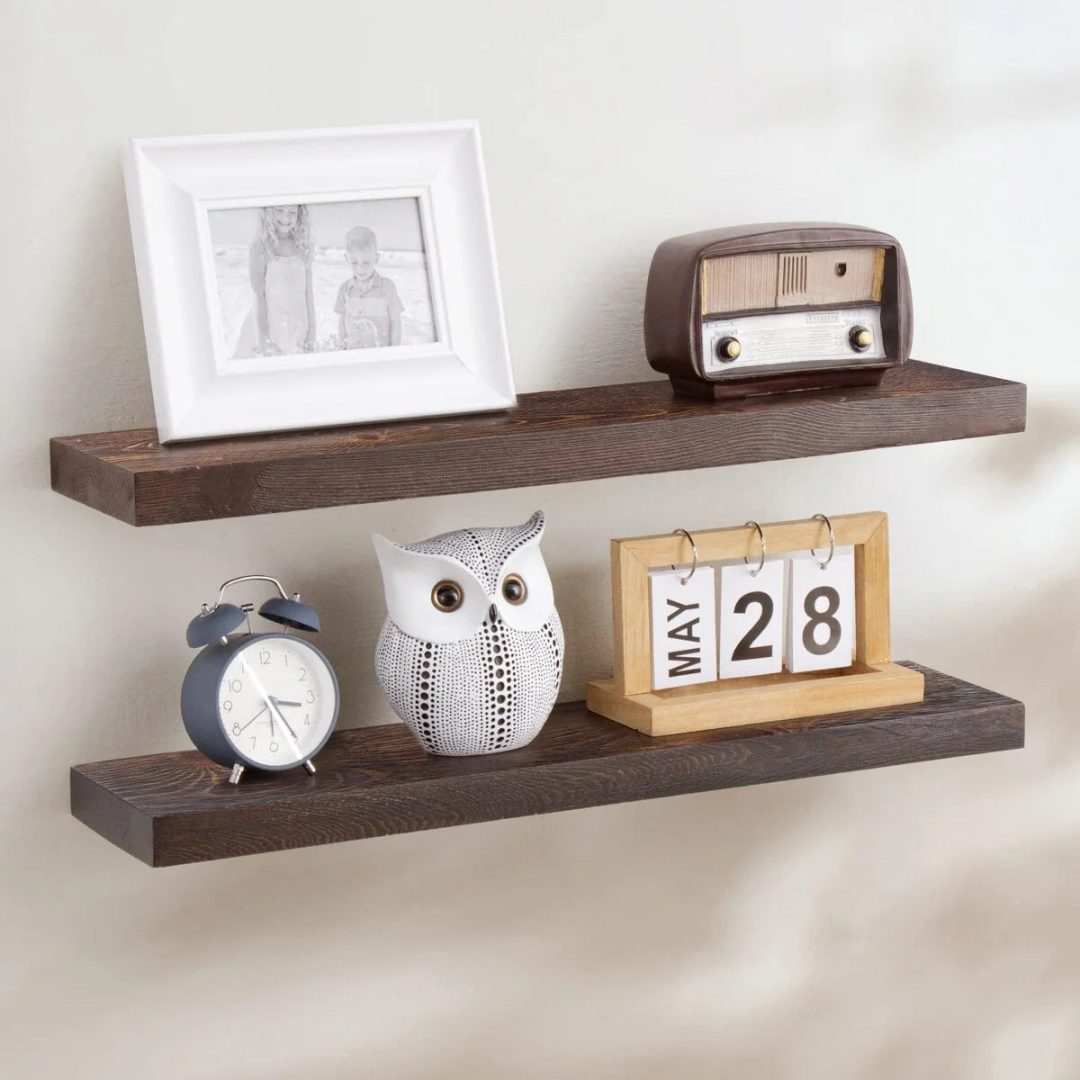 ZenVora Set of 2 Handcrafted European Pine Floating Wall Shelves, Natural Rustic Wood