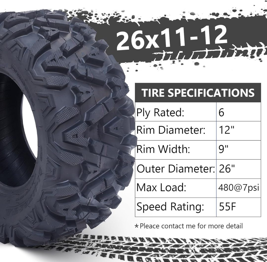 ZenVora Set of 2 26x12-12 6PR All-Terrain ATV/UTV Off-Road Tires, Black