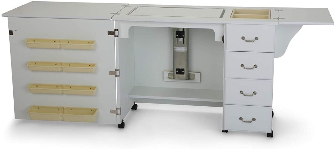 ZenVora Sturdy Sewing Cabinet for Sewing, Cutting, Quilting and Crafting with Storage and Airlift, Black Finish