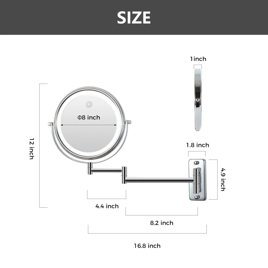 ZenVora 8 Inch Round Wall Mounted Makeup Mirror, Rechargeable, 1X/10X Magnification, 3-Color LED Lights