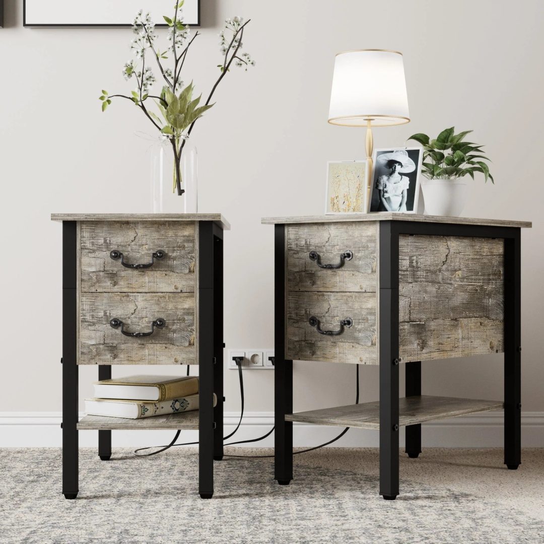 Narrow End Table with Charging Station, Chairside Table with Drawers, USB Ports and Power Outlets
