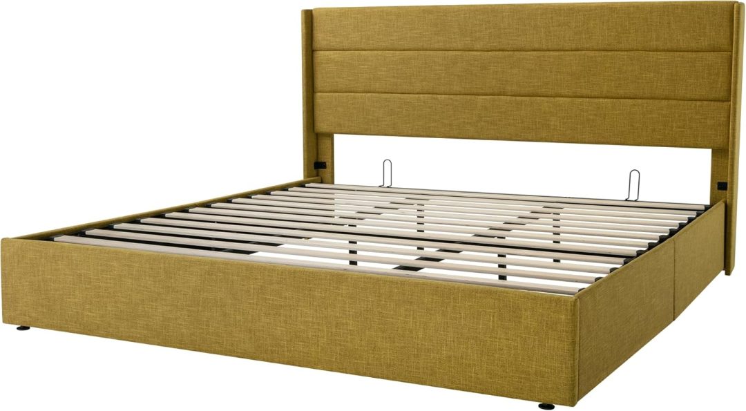 ZenVora Queen Size Lift Up Storage Bed with Wingback Headboard, Upholstered Platform Bed Frame with Hidden Storage