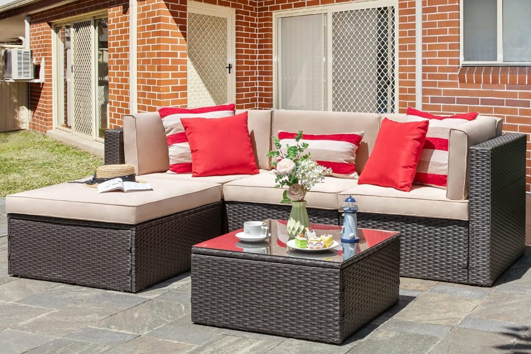 ZenVora 5-Piece All-Weather Patio Furniture Set with Ottoman, Outdoor Wicker Conversation Sofa Set with Cushions for Garden, Deck & Backyard