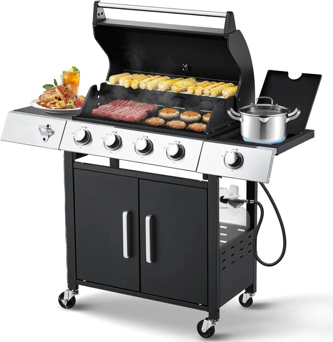 ZenVora 4-Burner Propane Gas Grill with Cast Iron Grates, Side Stove and 44,000 BTU Stainless Steel Burners