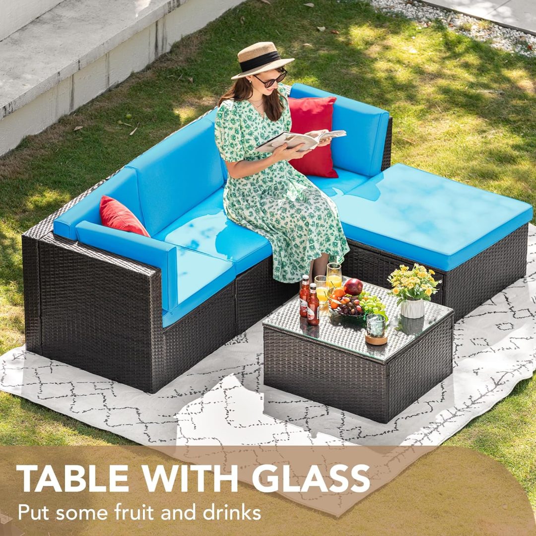 ZenVora 5-Piece All-Weather Patio Furniture Set with Cushions, Outdoor Wicker Conversation Sofa Set for Garden, Deck & Backyard