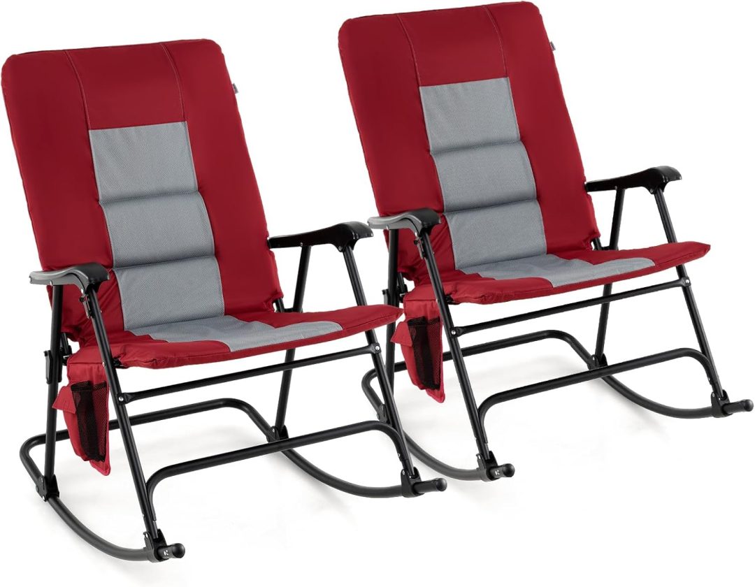 ZenVora Oversized Folding Rocking Chair – Padded Patio Lounge with Metal Frame & Side Pocket