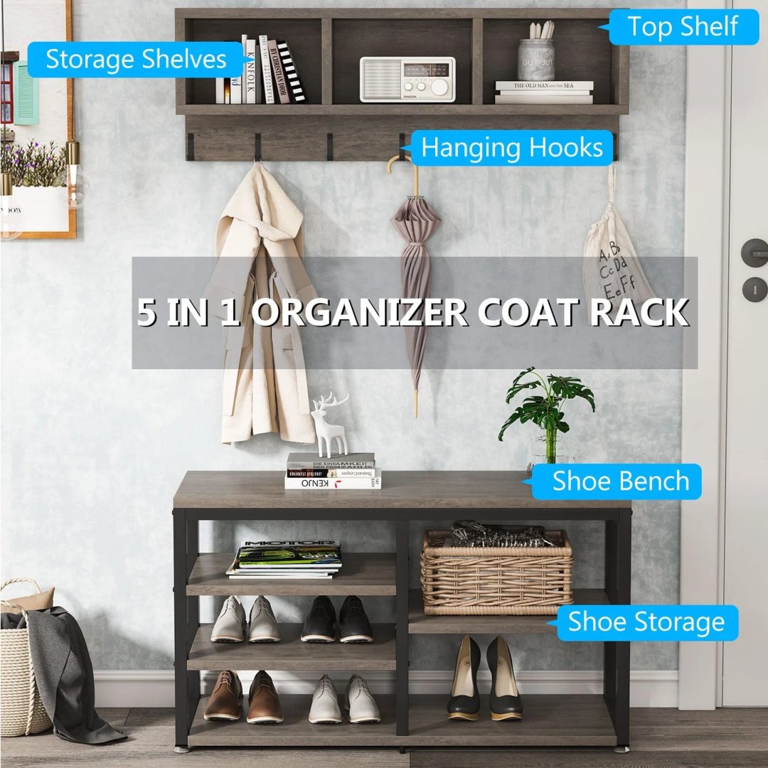 ZenVora Entryway Coat Rack and Shoe Bench Set, Industrial Hall Tree with Coat and Shoe Storage