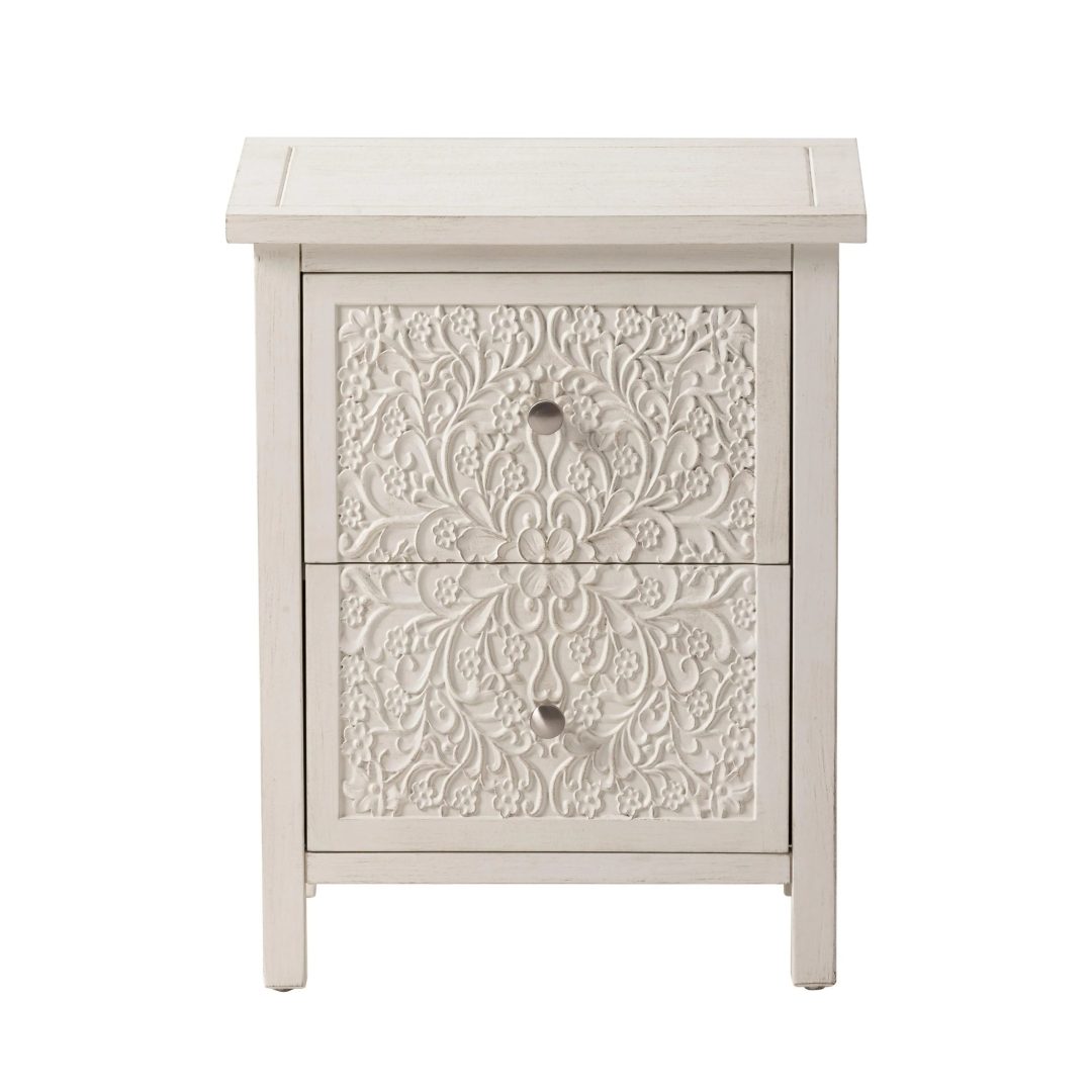 Farmhouse Fully Assembled Nightstand with 2 Drawers, Flower Motif End Table for Small Spaces