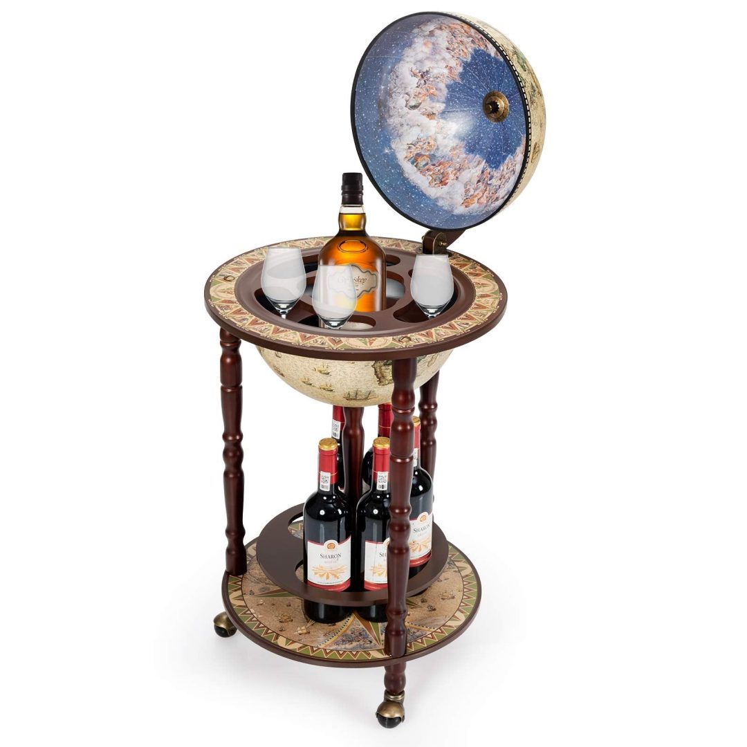 ZenVora 17" Wooden Globe Liquor Stand – Italian 16th Century Style Wine Bar Rack