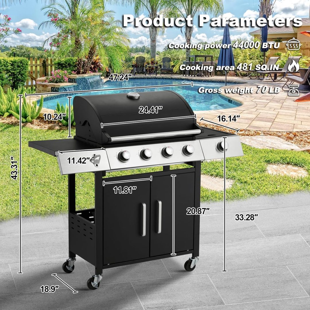 ZenVora 4-Burner Propane Gas Grill with Cast Iron Grates, Side Stove and 44,000 BTU Stainless Steel Burners