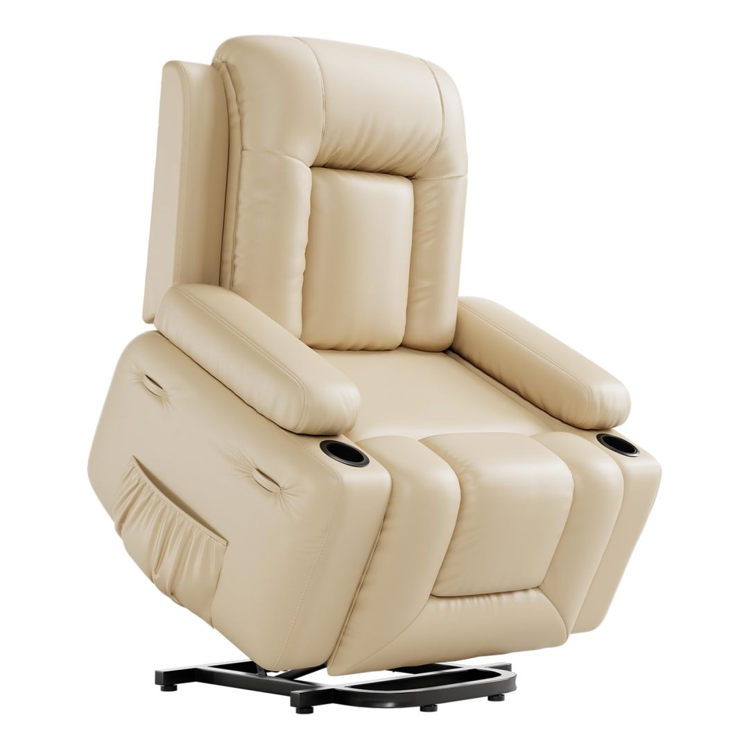 ZenVora PU Leather Power Lift Recliner with Massage and Heat, 3-Position Adjustable Chair with USB Port and Cup Holders, Beige