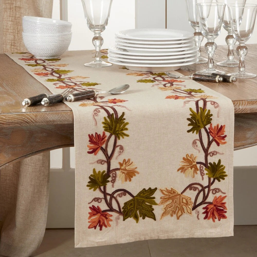 ZenVora 16x72 Inch Embroidered Fall Leaf Table Runner, Autumn Decorative Dining Table Runner for Home and Holiday Decor