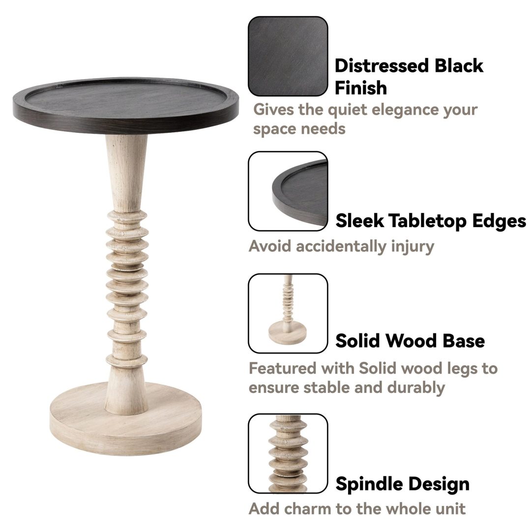 ZenVora Small Pedestal End Table with Tray Top, Farmhouse Distressed Finish Accent Table