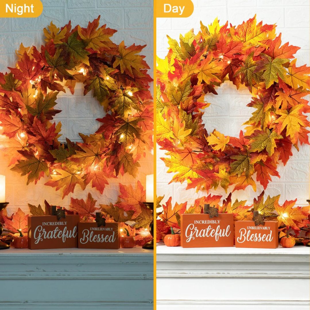 ZenVora Thanksgiving LED Lighted Fall Maple Leaf Wreath and Garland - Autumn Home Decor