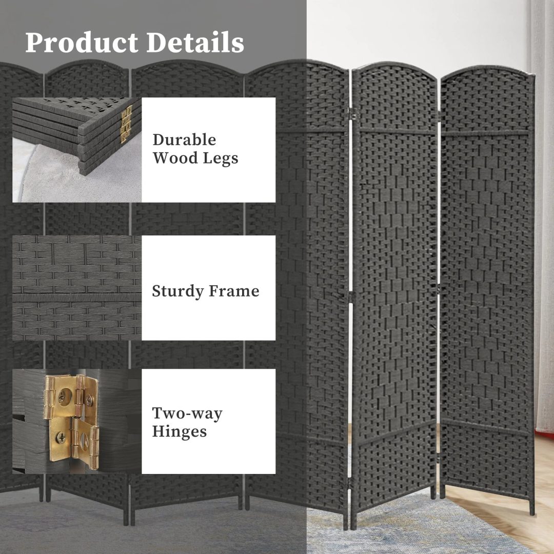 ZenVora 6 FT Tall Woven Fiber Room Divider, Freestanding Folding Privacy Screen