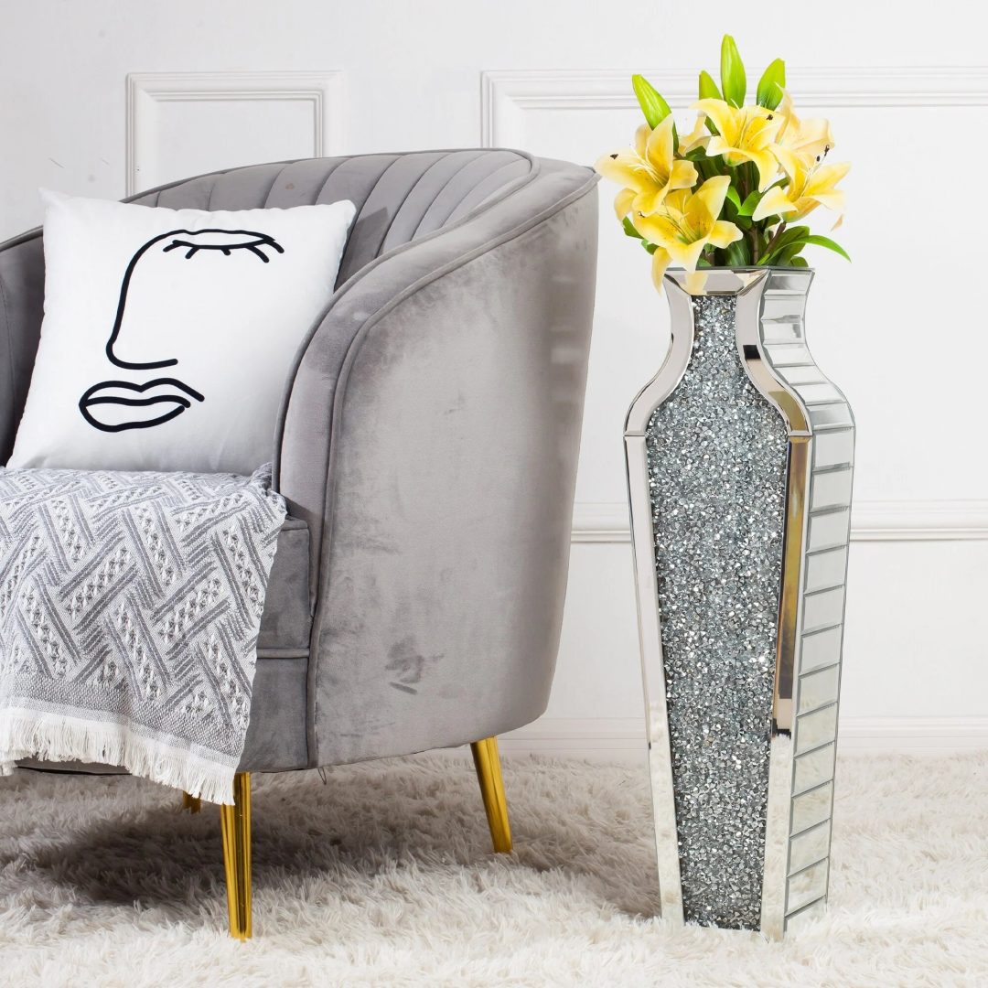 ZenVora Tall Crushed Diamond Floor Vase, Luxury Decorative Crystal Accent Vase for Living Room, Bedroom and Home Decor