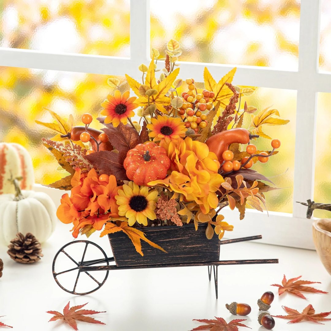 Multi-Colored Sorghum Floral Cart 14" Centerpiece, Rustic Fall Thanksgiving Table Decor