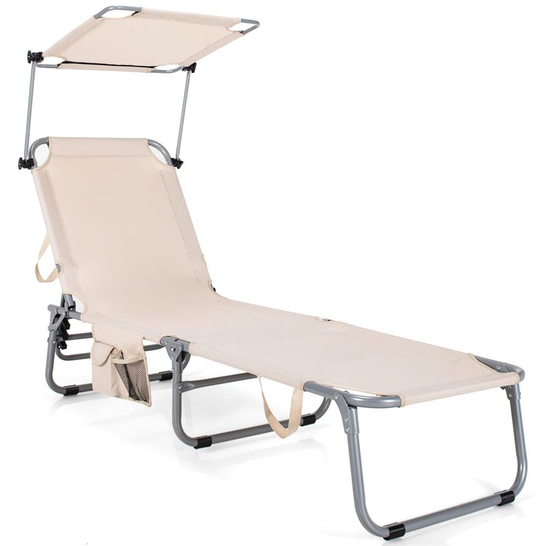 ZenVora Folding Lounge Chair with Canopy – Shade Chair with Storage Pocket