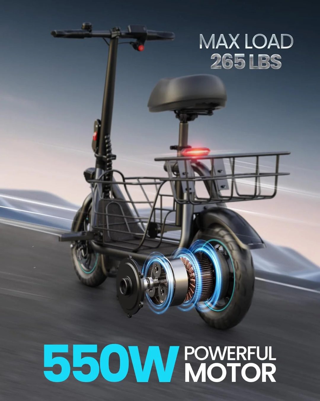 ZenVora Adults Electric Scooter with Large Middle Basket