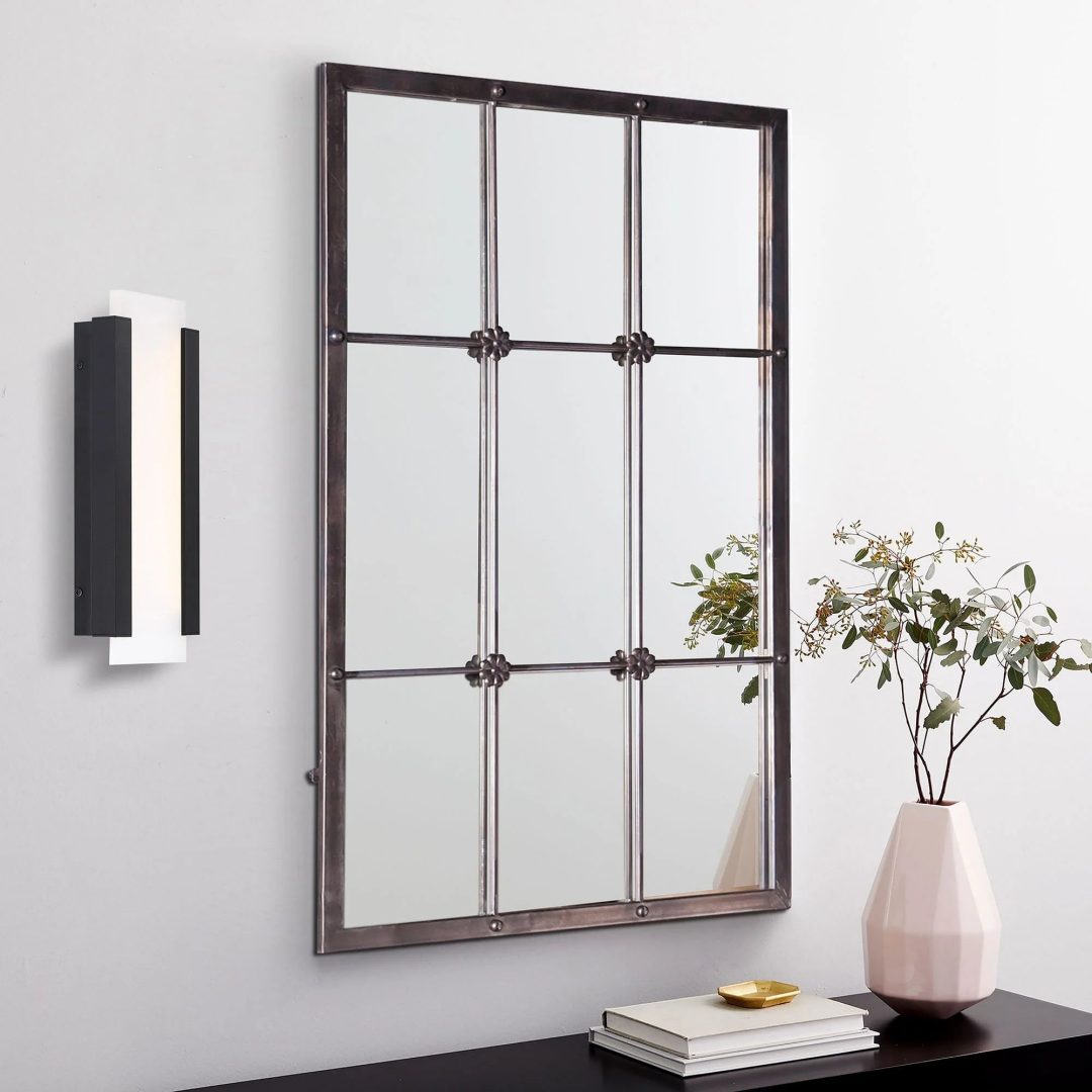 ZenVora Rustic Brown Windowpane Wall Mirror with Metal Frame, 37.75" H x 23.8" W