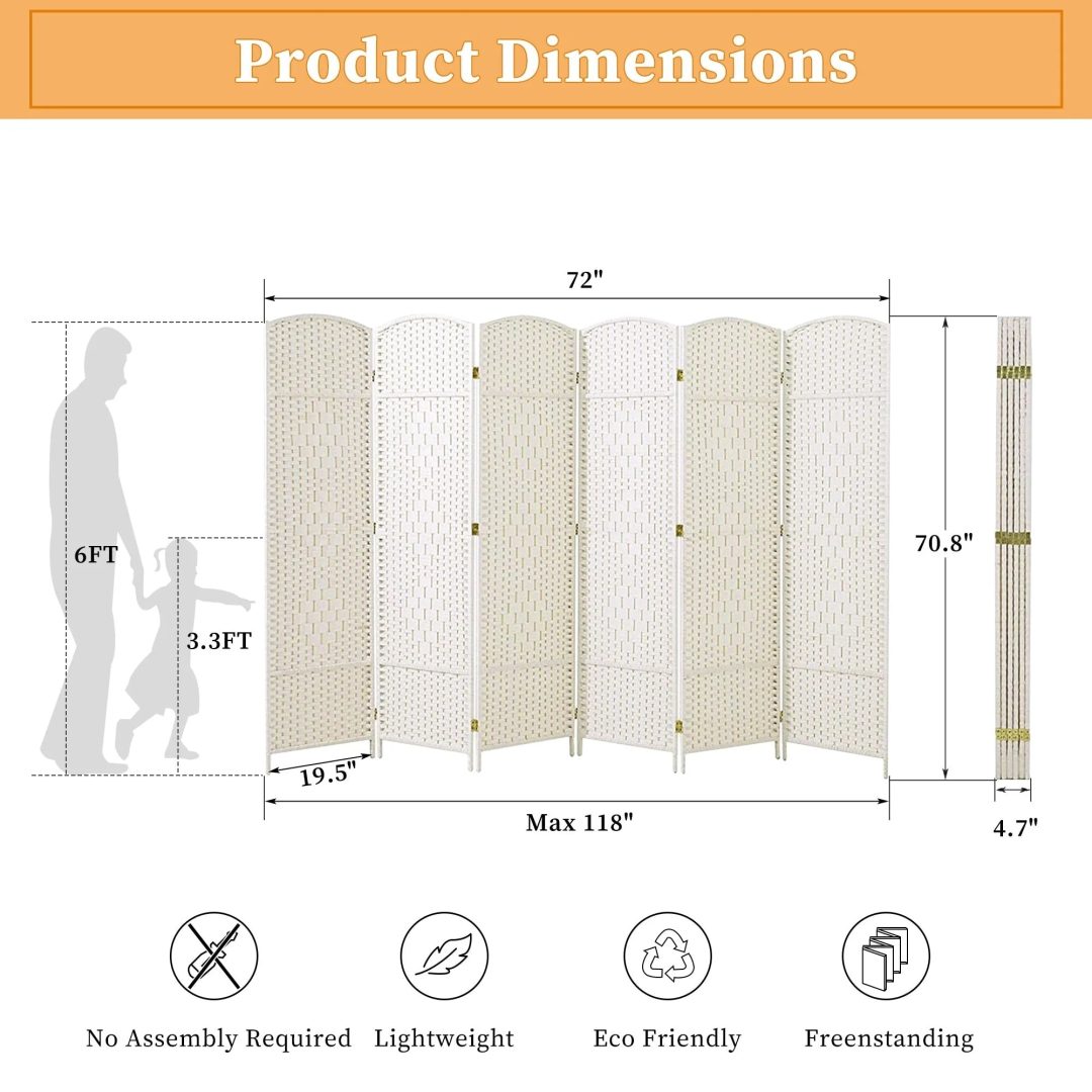 ZenVora 6 FT Tall Woven Fiber Room Divider, Freestanding Folding Privacy Screen