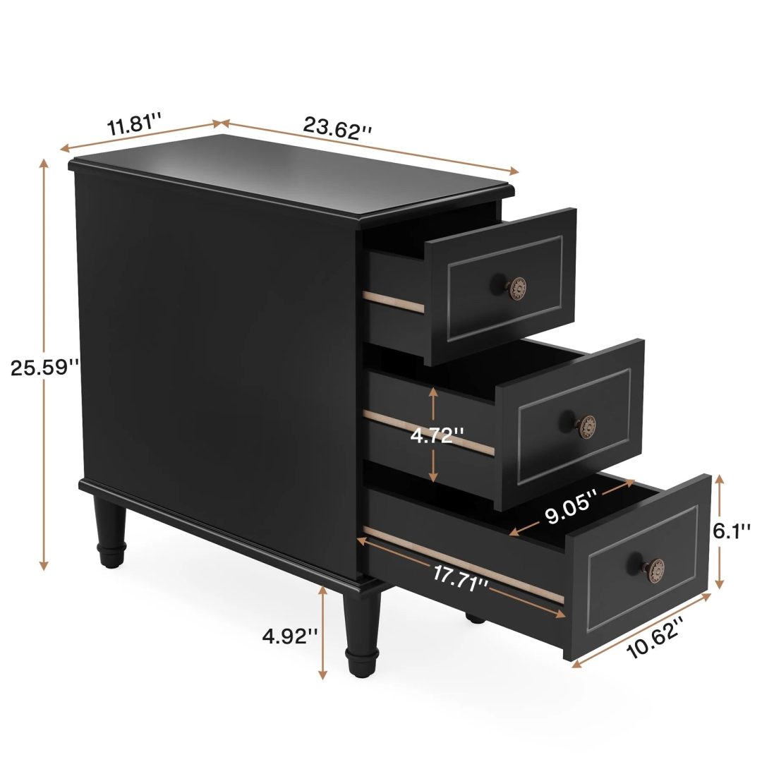 ZenVora Fully Assembled Narrow End Table, Solid Wood Side Table with 3 Drawers, Vintage Nightstand for Small Spaces