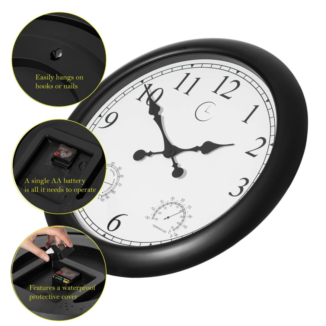 Large Outdoor Wall Clock with Thermometer, Waterproof Silent Garden Weather Station, Black