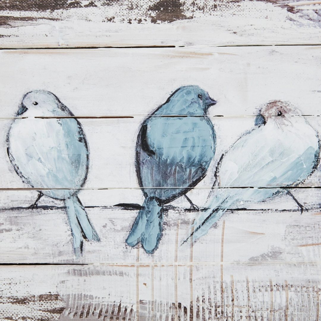 ZenVora Hand Painted Perched Birds Wood Plank Wall Decor, White and Grey Decorative Wall Art