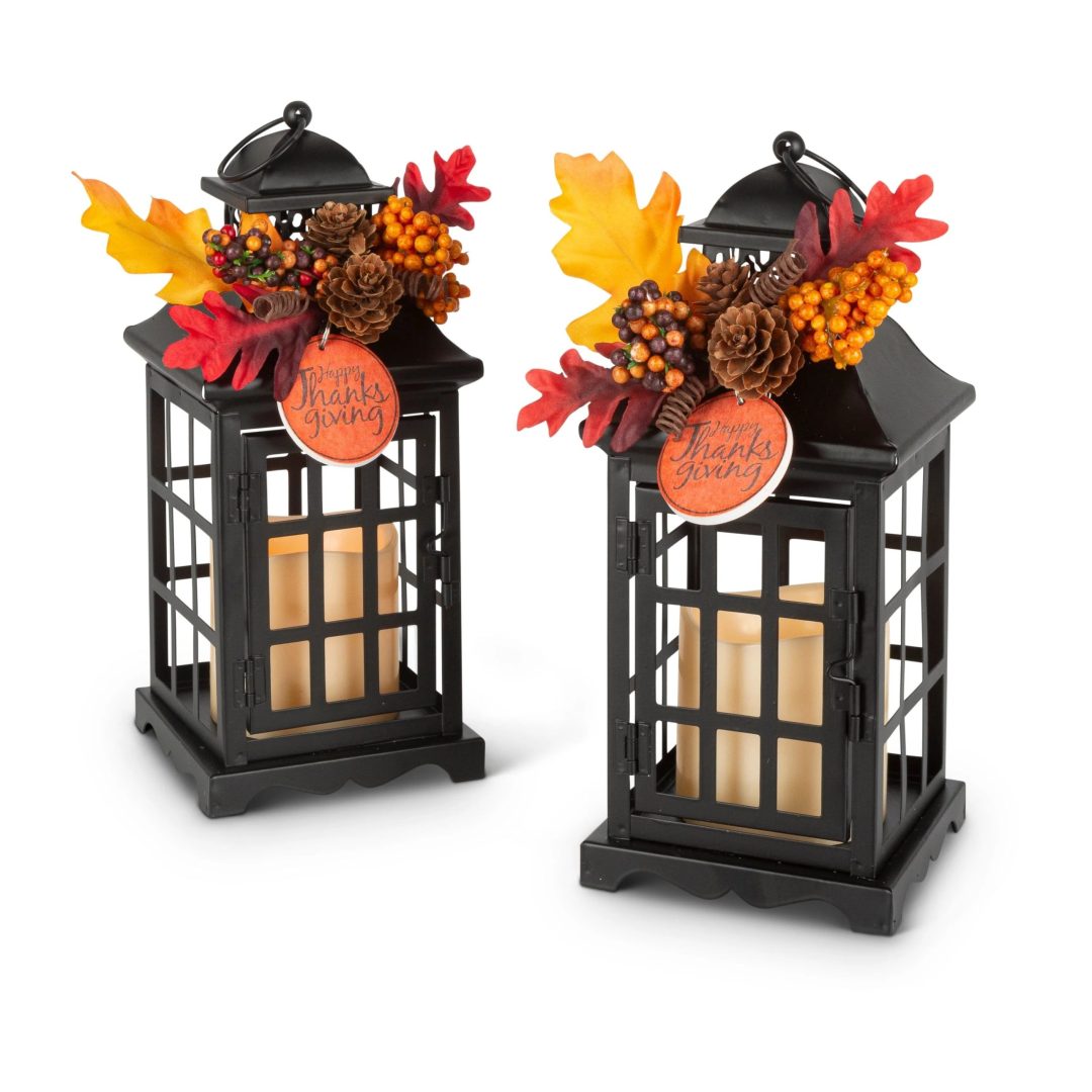 ZenVora Set of 2 Autumn Lanterns with Fall Floral Accents, Decorative Seasonal Lanterns for Home, Porch and Table Decor