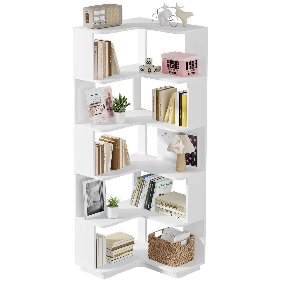ZenVora 64.9 Inch Tall 6-Tier Corner Bookshelf, Freestanding Wood Industrial Bookcase