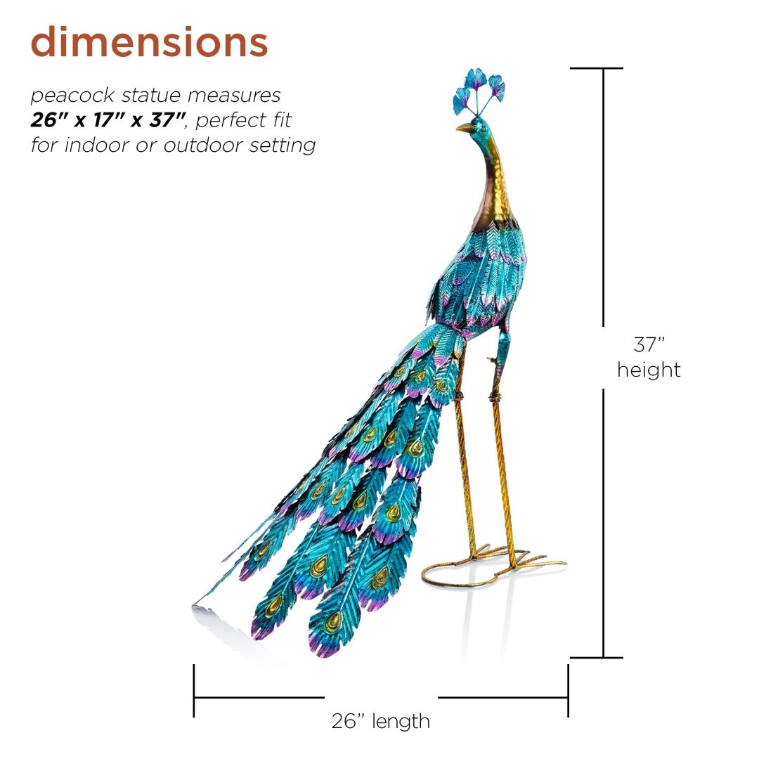 ZenVora Tall Metallic Peacock Garden Statue, Multicolor Outdoor Standing Bird Sculpture for Yard, Patio and Garden Decoration