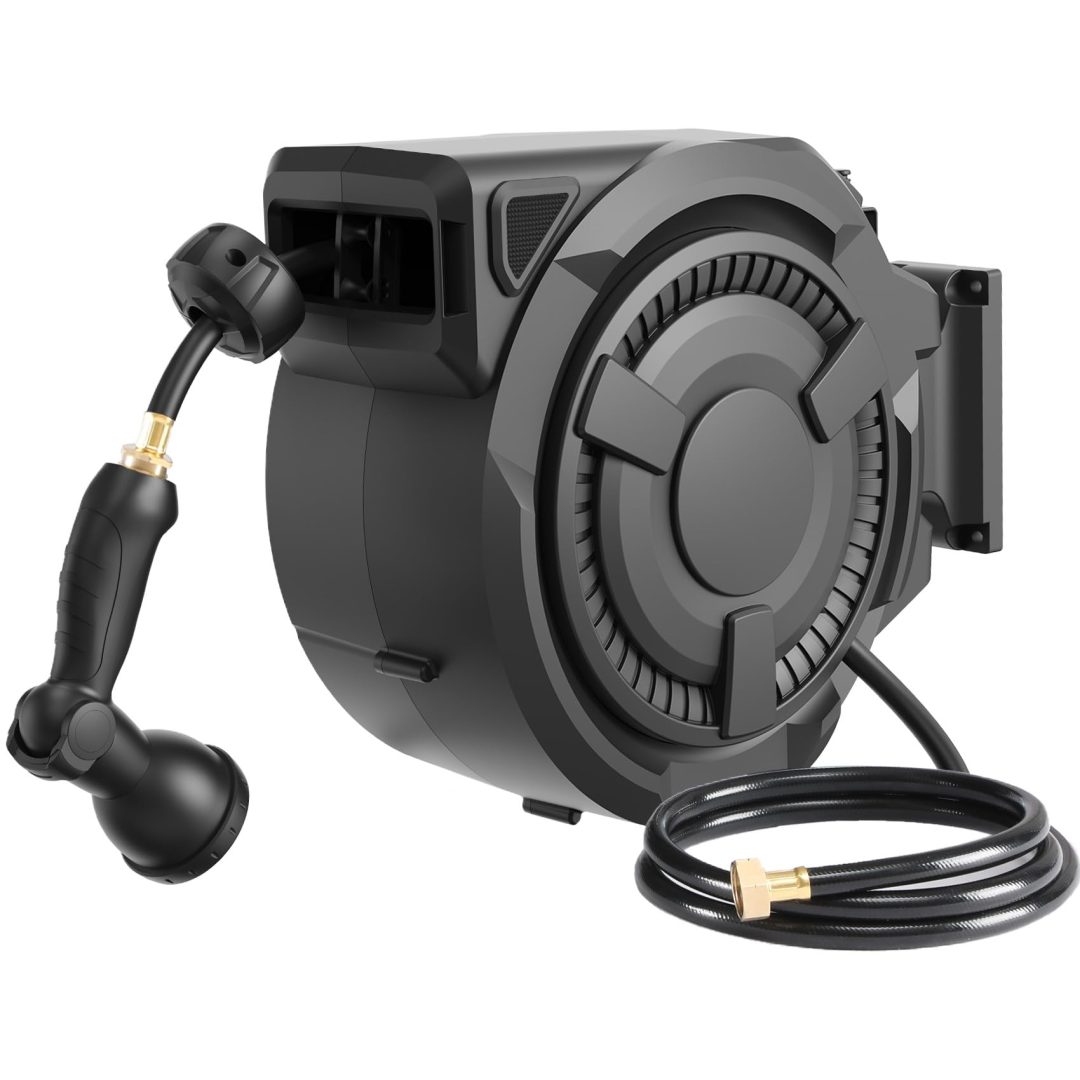ZenVora 100 ft Wall Mounted Garden Hose Reel, 1/2 Inch Hose with 180° Swivel