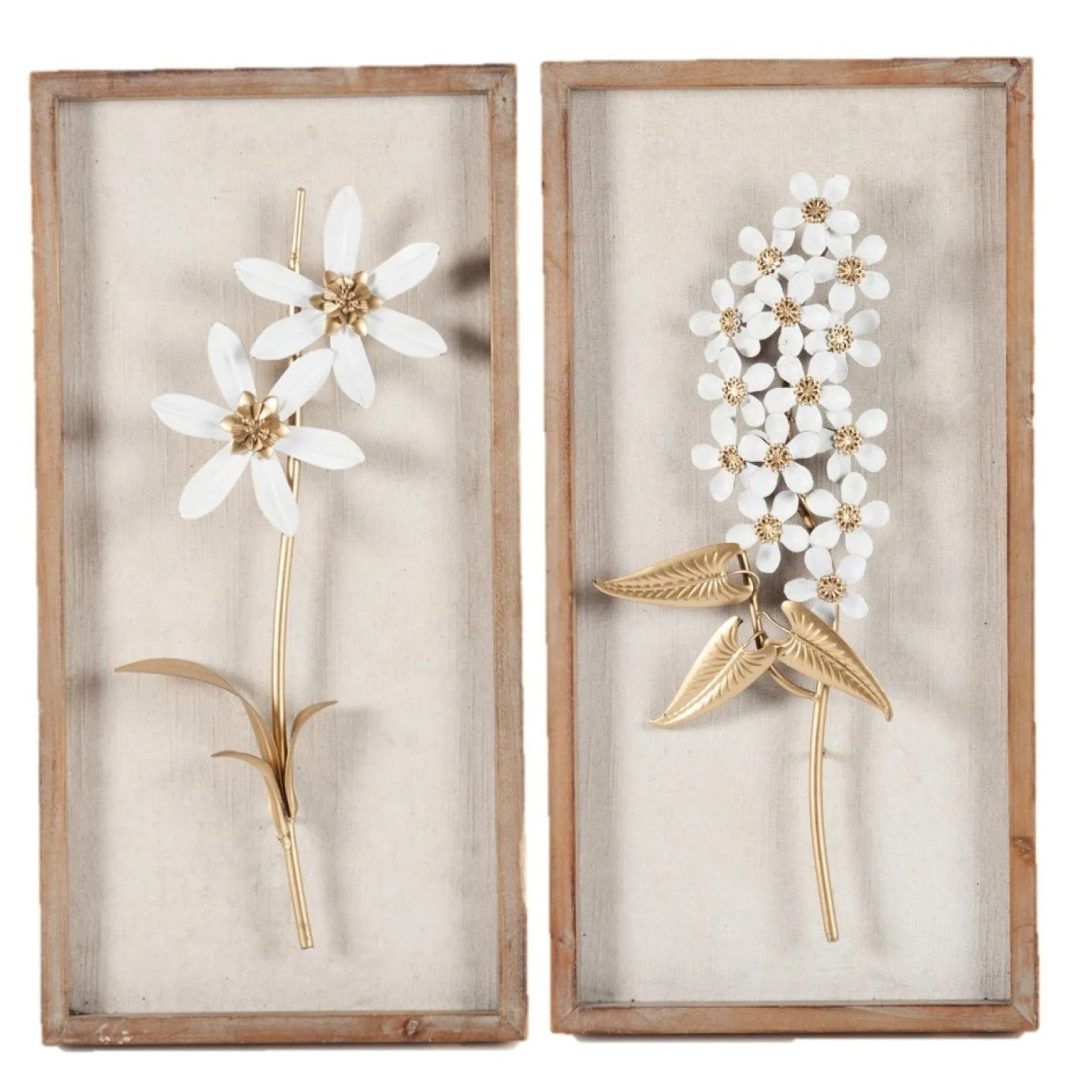 ZenVora Set of 2 White and Gold Metal Flower Wall Decor with Wood Frames, Decorative Floral Wall Art
