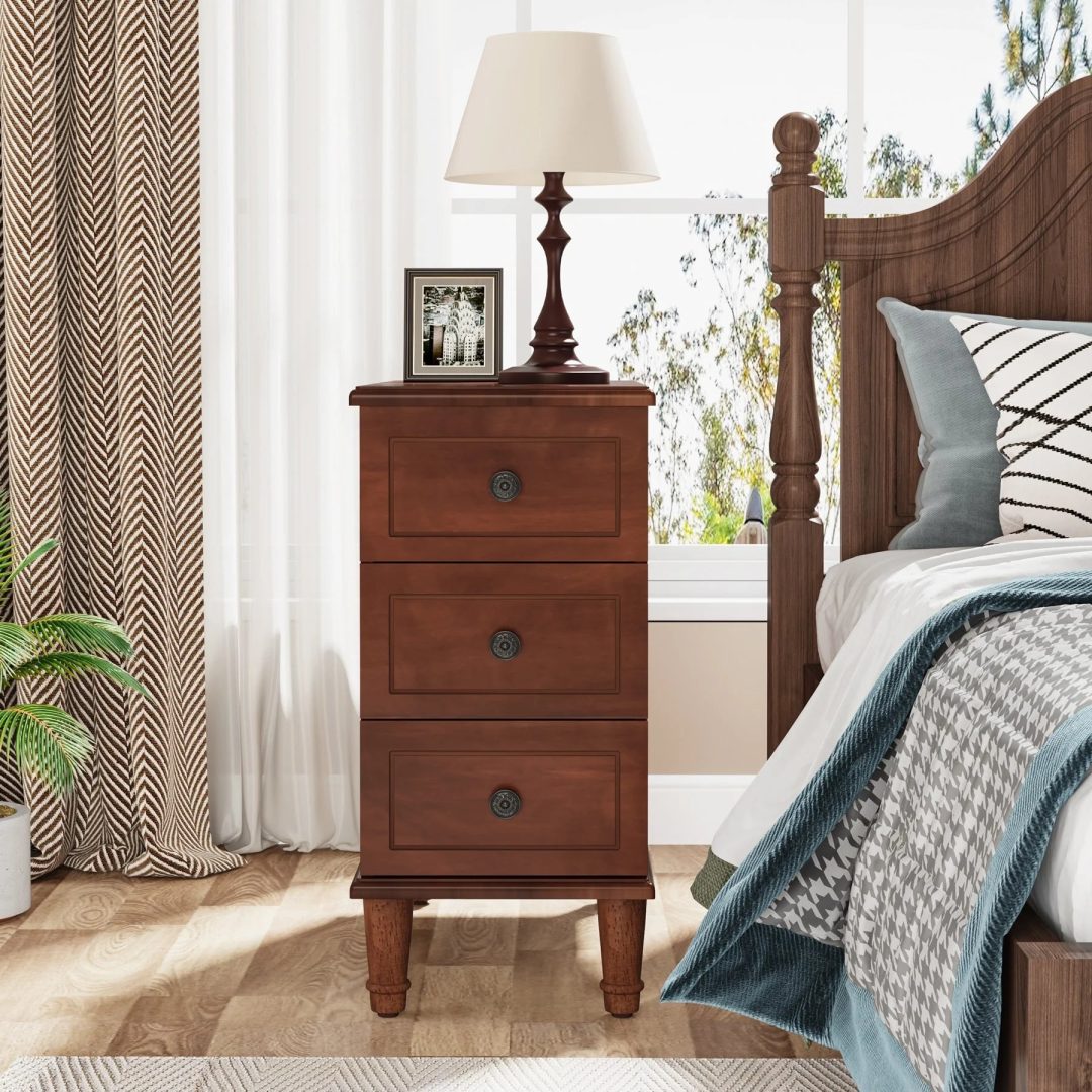 ZenVora Fully Assembled Narrow End Table, Solid Wood Side Table with 3 Drawers, Vintage Nightstand for Small Spaces