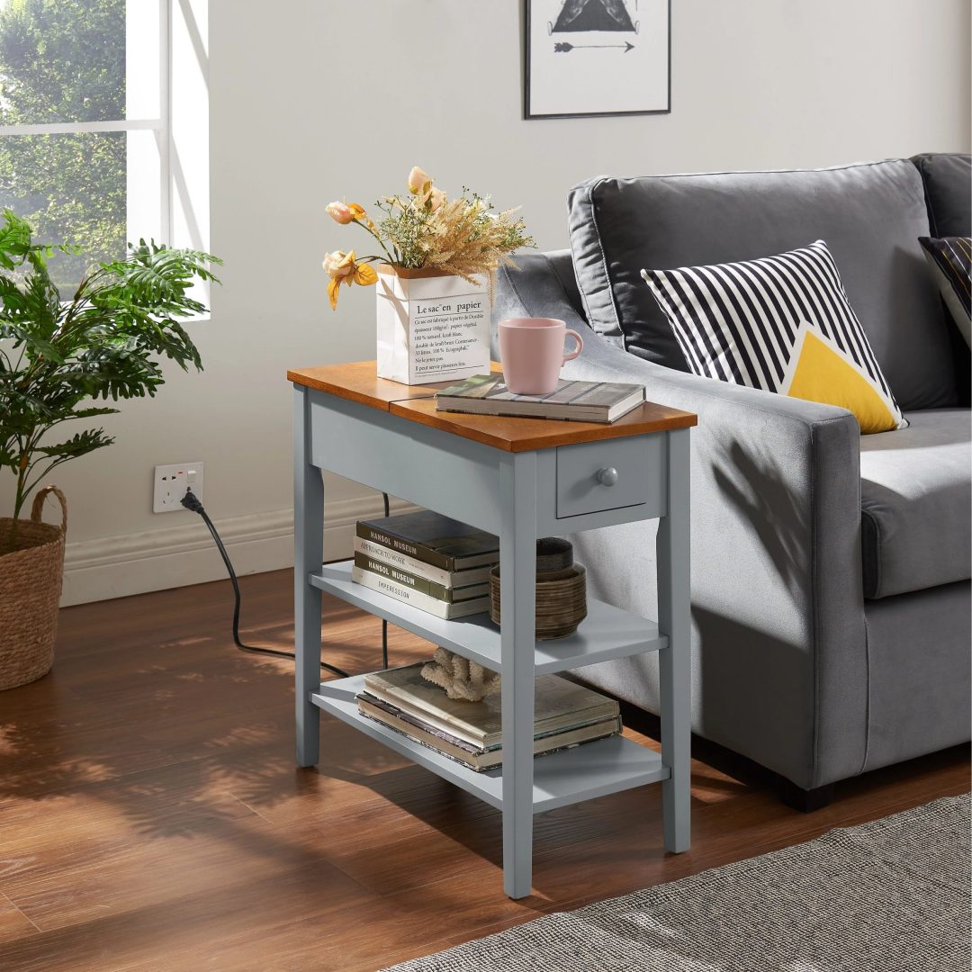 ZenVora Narrow 2-Tone End Table with USB Charging Ports, Small Space Side Table