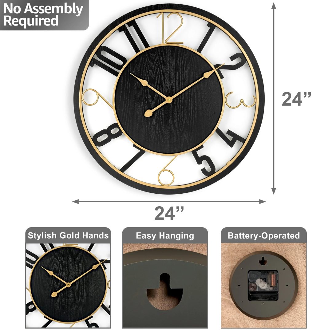ZenVora 24 Inch Round Wooden Wall Clock, Modern Analog Clock with Numeral Design, Battery Operated