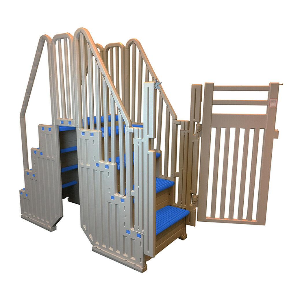 ZenVora Confer Above Ground Pool Steps with Blue Safety Closure, Warm Gray Pool Entry Ladder System