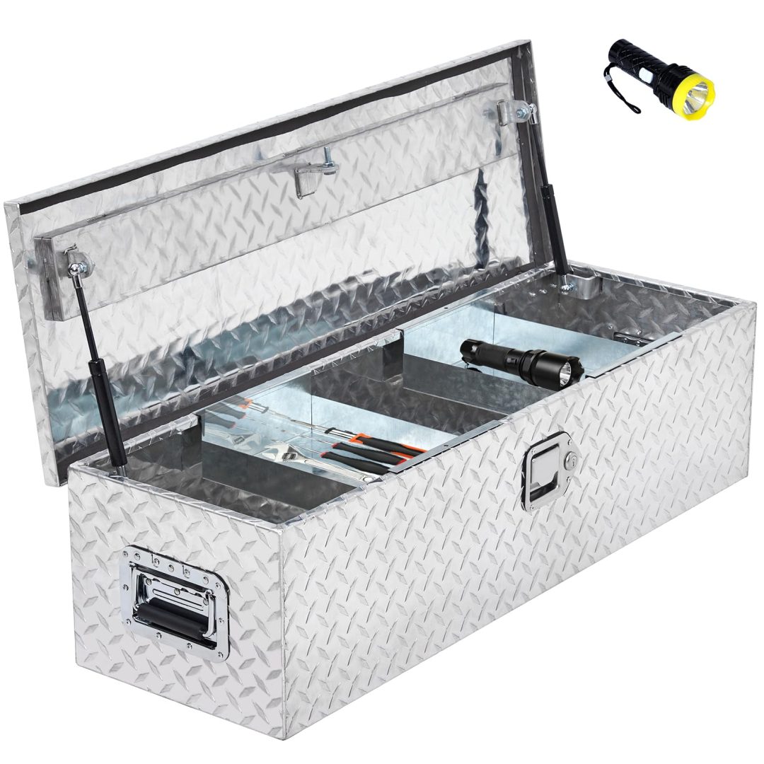ZenVora 48 Inch Diamond Plate Truck Bed Tool Box with Shelf - Silver Aluminum Storage Box