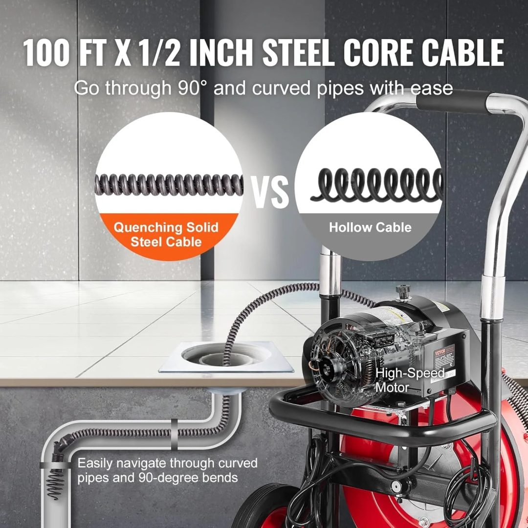 ZenVora 550W Drain Cleaning Machine, 100-Ft. x 1/2-Inch Sewer Snake Auger with 8 Cutters, Wheels and Foot Switch, for 2-4-Inch Pipes