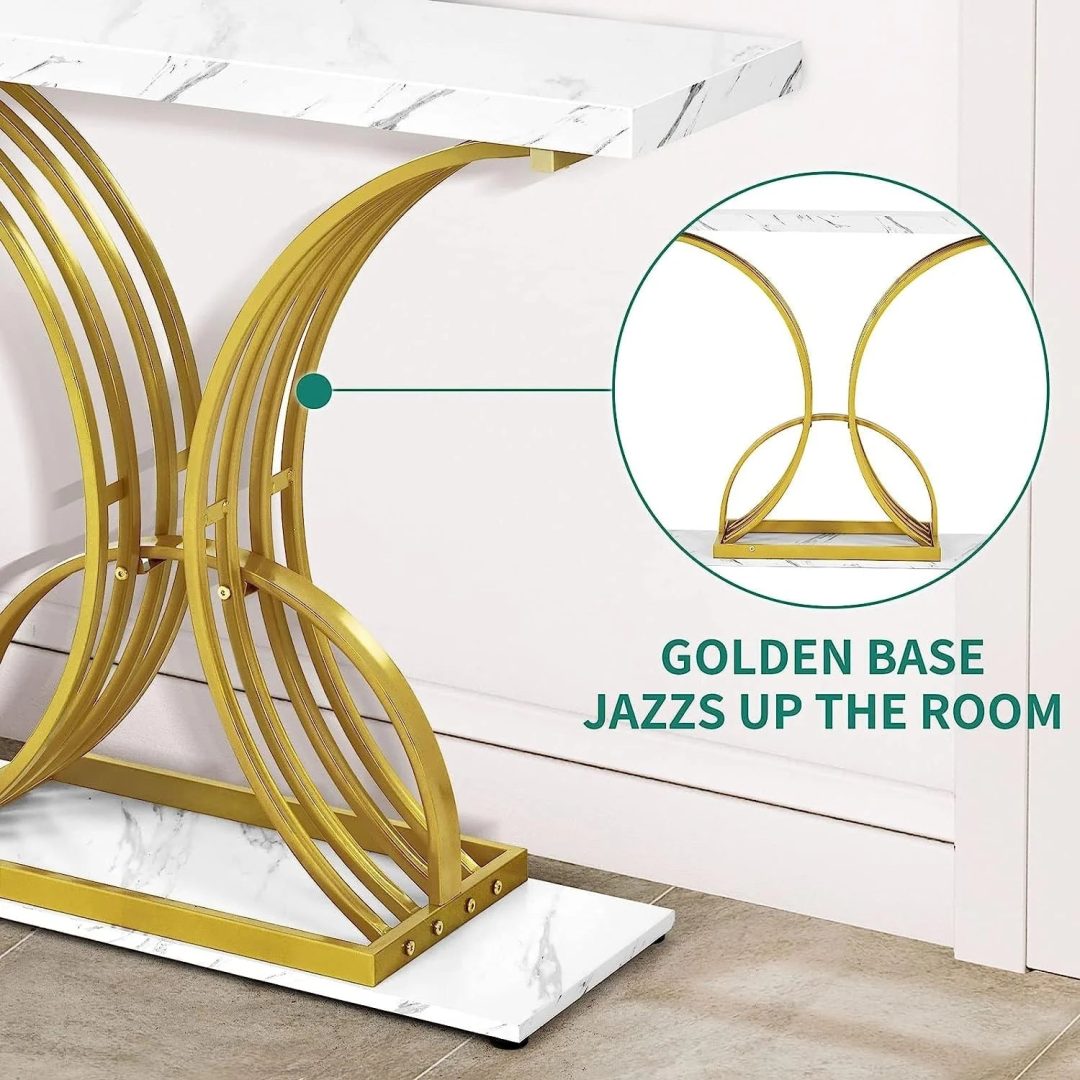 ZenVora Modern Gold Console Table with Marbled Top, Sofa Table for Entryway and Hallway